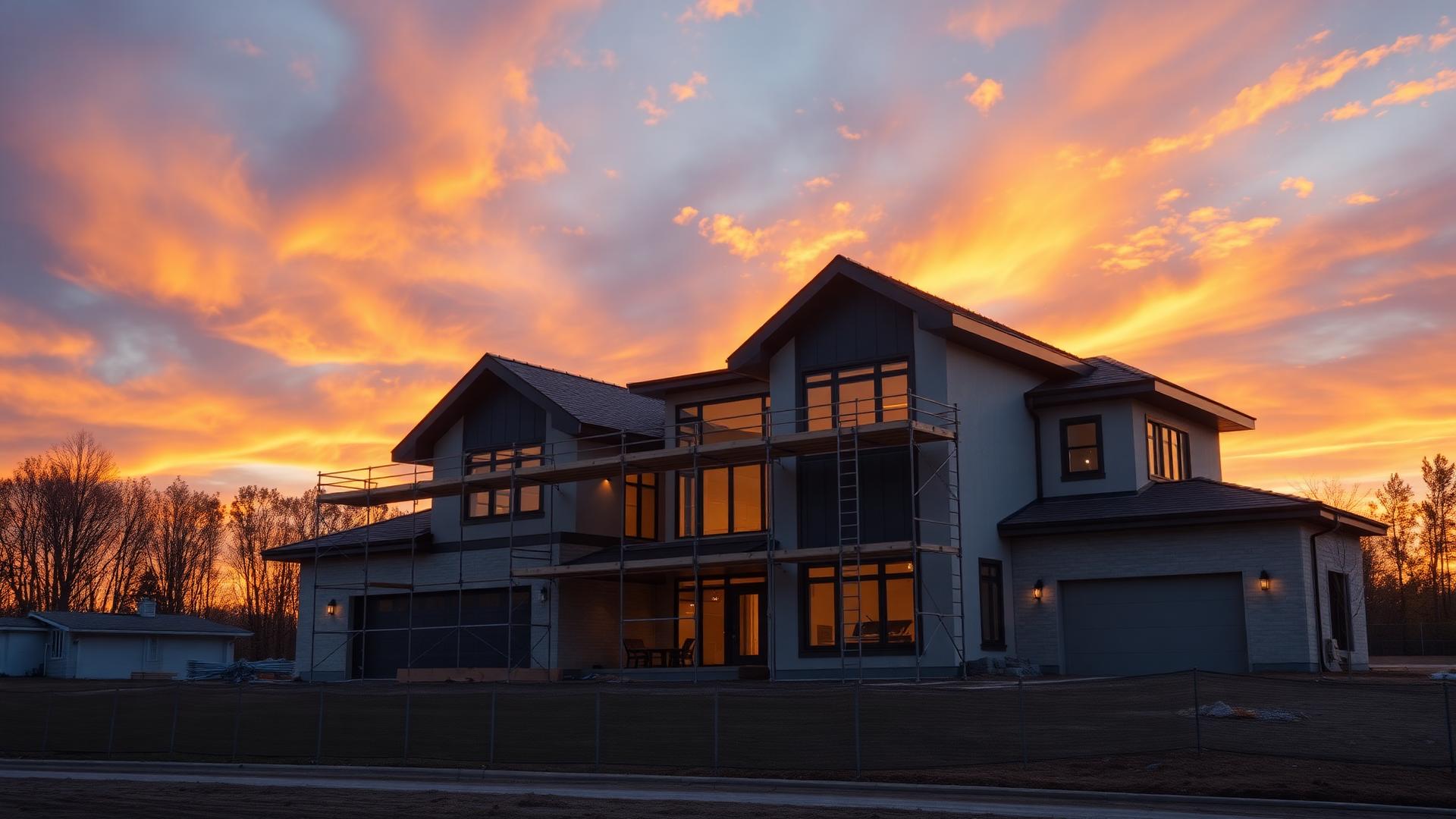 Luxury home under construction at sunset in Minnesota